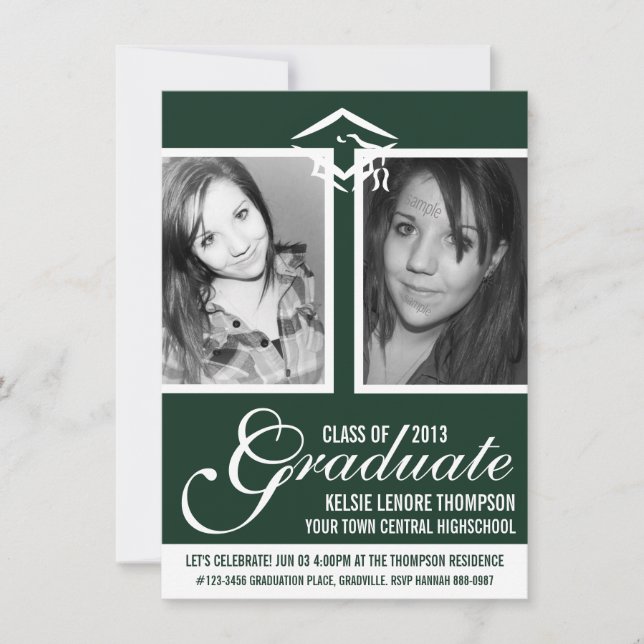 Invitación Tapa y guión de dos graduados de fotografía verde  (Anverso)