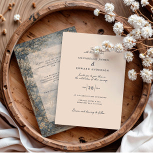 Invitación Tapiz azul beige botánico vintage romántico