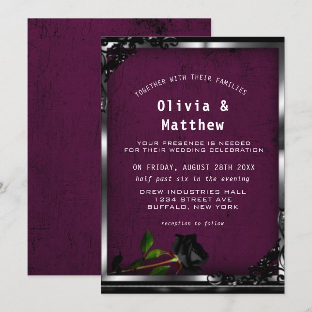 Invitación Tapiz de ciruela morada y Boda gótico Rosa negro (Anverso / Reverso)