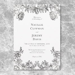 Invitación Tapiz Floral Vintage en Blanco y Negro para Boda
