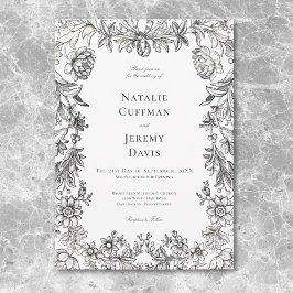 Invitación Tapiz Floral Vintage en Blanco y Negro para Boda
