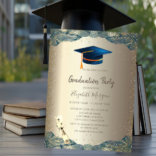 Invitación Tapón de Grado Azul,Graduación de Confetti de Vidr