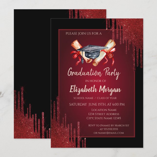 Invitación Tapón de grado de acuarela, Diploma, Graduación de (Anverso / Reverso)
