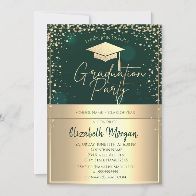 Invitación Tapón de grado de oro de moda,Graduación verde de  (Anverso)
