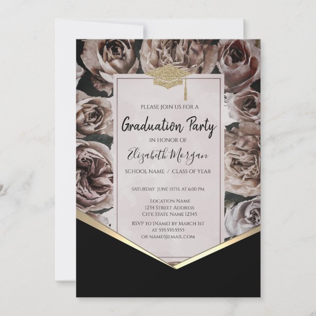 Invitación Tapón de grado de oro, graduación de Rosas (Anverso)