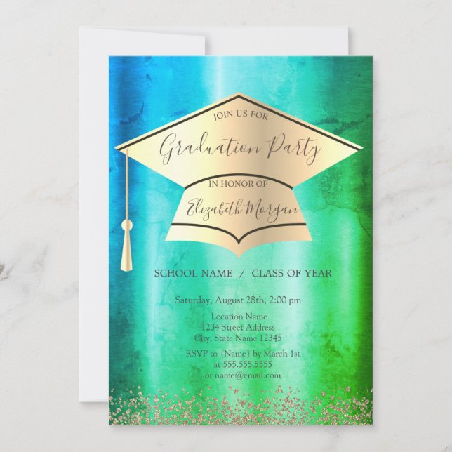 Invitación Tapón de grado de oro,Graduación verde de diamante (Anverso)