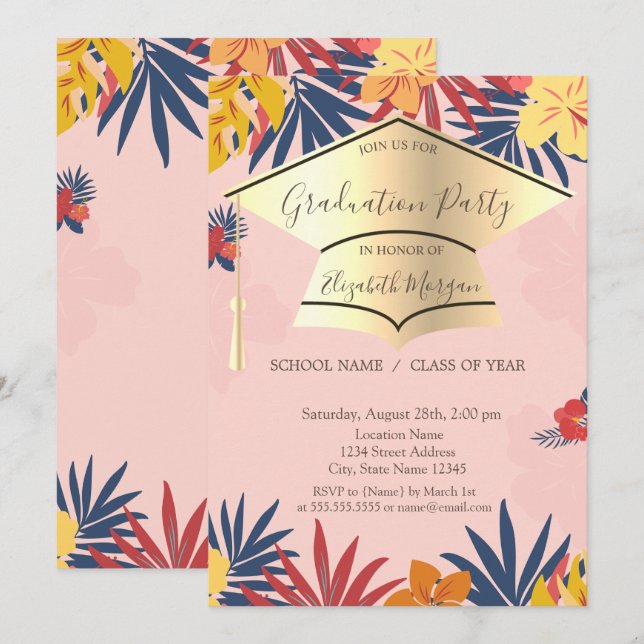 Invitación Tapón de grado de oro,Palm deja flores Graduación (Anverso / Reverso)