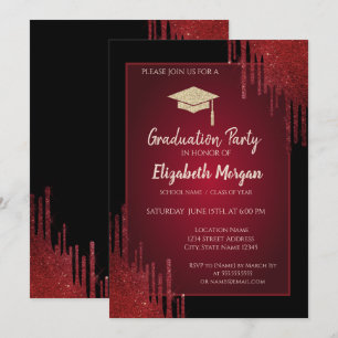 Invitación Tapón de grado de Purpurina de oro,Graduación negr