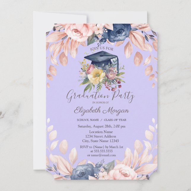 Invitación Tapón de Grado Floral, Flores Graduación Púrpura L (Anverso)