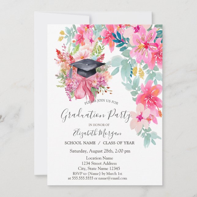 Invitación Tapón de grado floral,Graduación de flores (Anverso)
