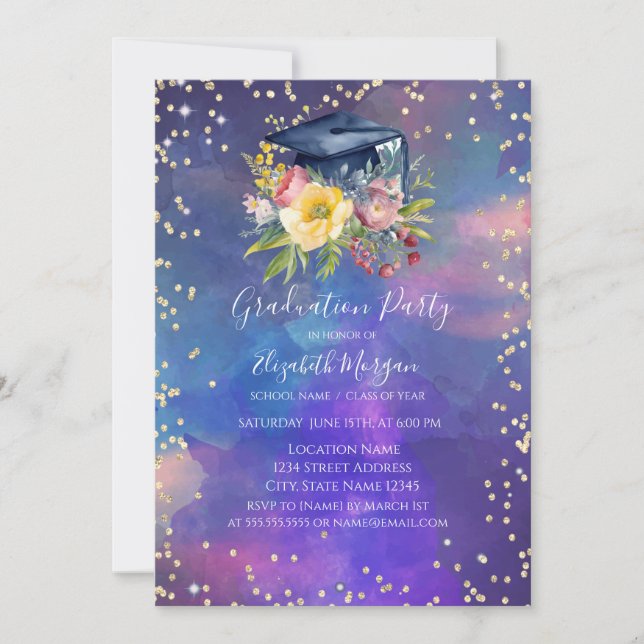 Invitación Tapón de grado floral,Graduación de salpicaduras d (Anverso)