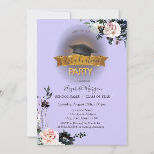 Invitación Tapón de Grado Negro, Flores Graduación Púrpura Li