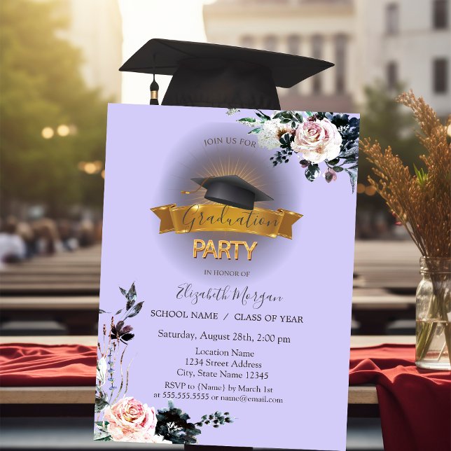 Invitación Tapón de Grado Negro, Flores Graduación Púrpura Li (Subido por el creador)