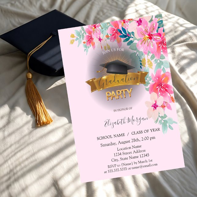 Invitación Tapón de Grado Negro,Graduación de Flores Primaver (Subido por el creador)