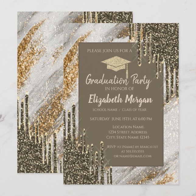 Invitación Tapón de grado purpurina, gotas de oro, graduación (Anverso / Reverso)