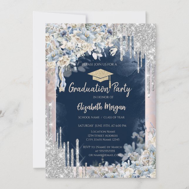 Invitación Tapón de grado purpurina, gotas, flores, azul mari (Anverso)