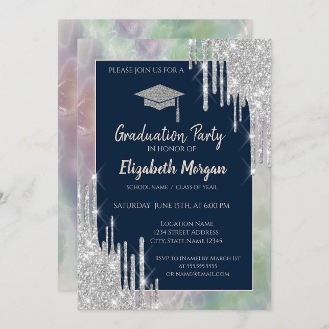 Invitación Tapón de grado purpurina, gotas plateadas, hologra (Anverso / Reverso)