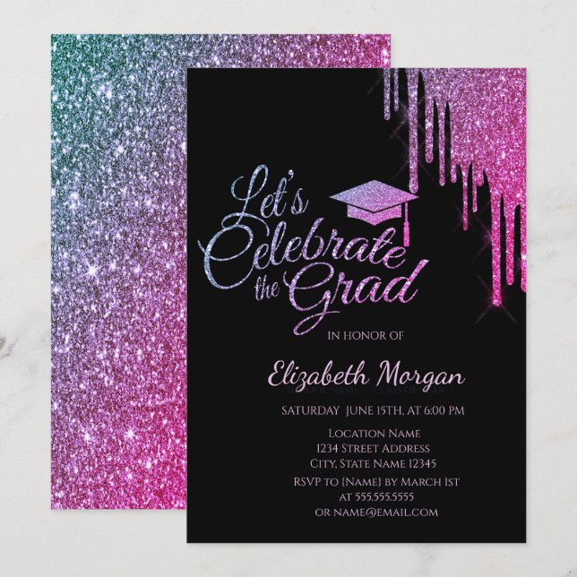 Invitación Tapón de grado purpurina,Graduación de obturación  (Anverso / Reverso)