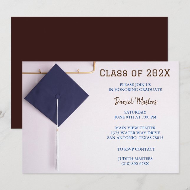 Invitación Tapón de graduación azul marrón/naval (Anverso / Reverso)