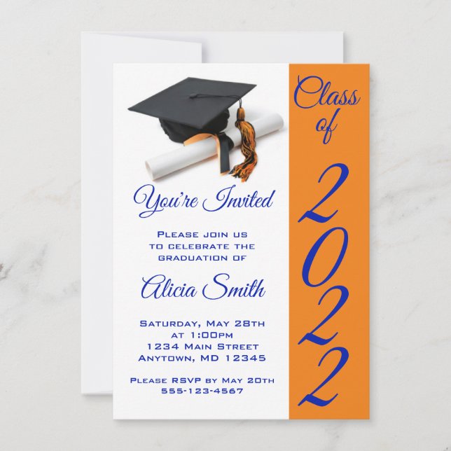 Invitación Tapón de graduación azul y naranja (Anverso)