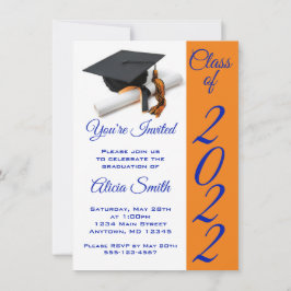 Invitación Tapón de graduación azul y naranja
