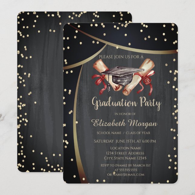 Invitación Tapón de graduación de acuarela, Diamantes Negro (Anverso / Reverso)