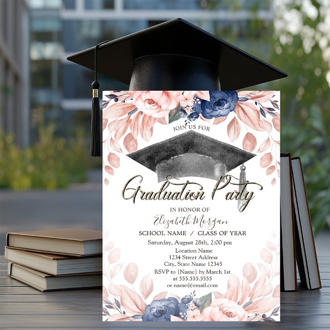Invitación Tapón de graduación de acuarela,Graduación de flor (Subido por el creador)