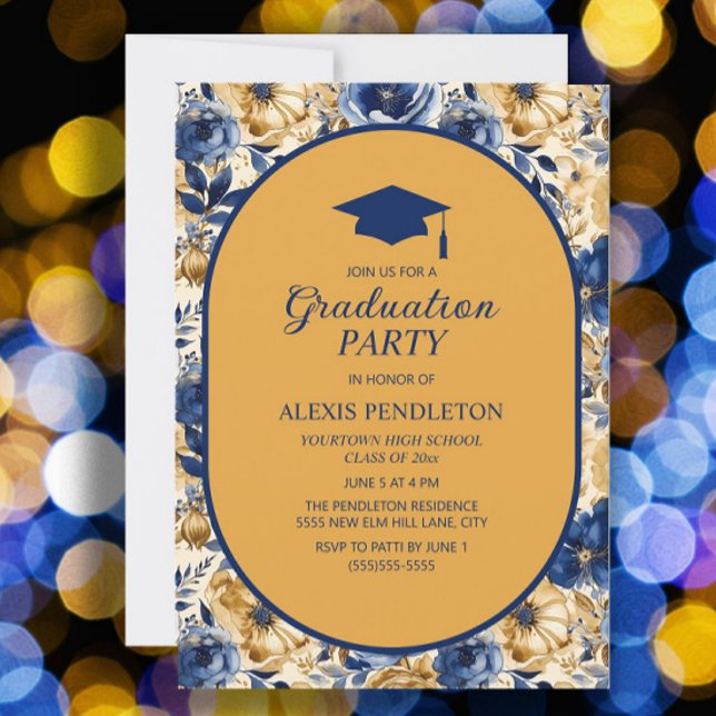 Invitación Tapón de graduación de la escuela secundaria flora (Blue and gold floral graduation party invitation)