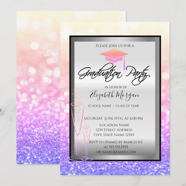 Invitación Tapón de graduación de moda, Graduación de Bokeh d (Anverso / Reverso)
