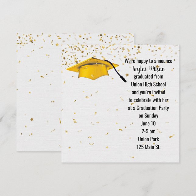 Invitación Tapón de graduación de oro con confetti de oro (Anverso / Reverso)