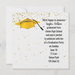Invitación Tapón de graduación de oro con confetti de oro