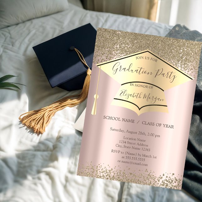 Invitación Tapón de graduación de oro, Diamantes Rosa Graduac (Subido por el creador)
