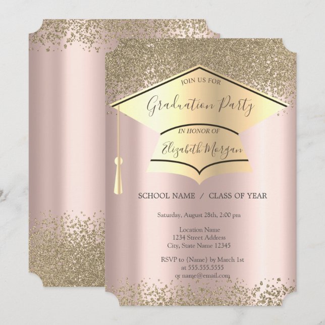 Invitación Tapón de graduación de oro, Diamantes Rosa Graduac (Anverso / Reverso)