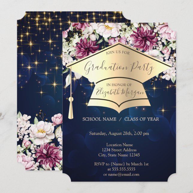 Invitación Tapón de graduación de oro, estrellas, flores de g (Anverso / Reverso)