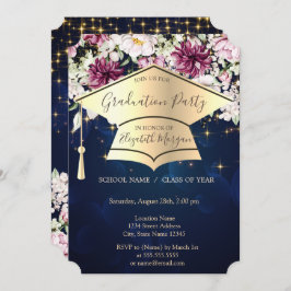 Invitación Tapón de graduación de oro, estrellas, flores de g