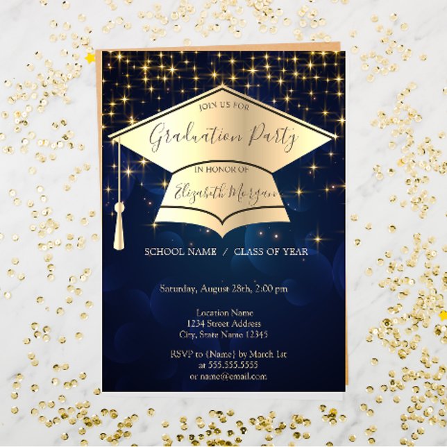 Invitación Tapón de graduación de oro, Graduación azul de est (Subido por el creador)