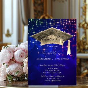 Invitación Tapón de graduación de oro, Graduación azul de est