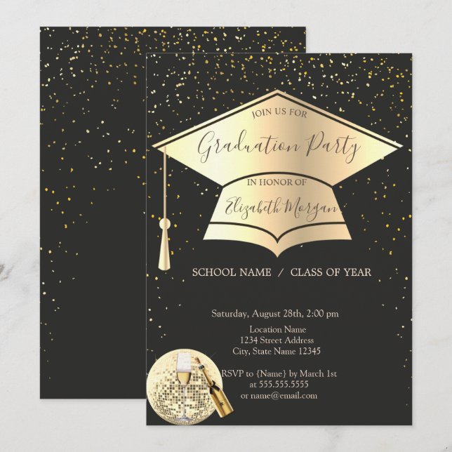 Invitación Tapón de graduación de oro,Graduación de disco de  (Anverso / Reverso)