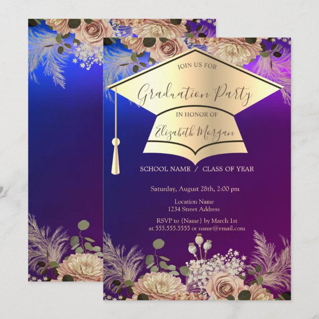 Invitación Tapón de graduación de oro,Graduación de flores (Anverso / Reverso)