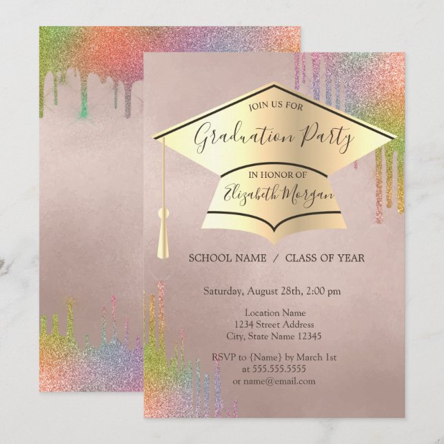 Invitación Tapón de graduación de oro,Graduación de las gotas (Anverso / Reverso)