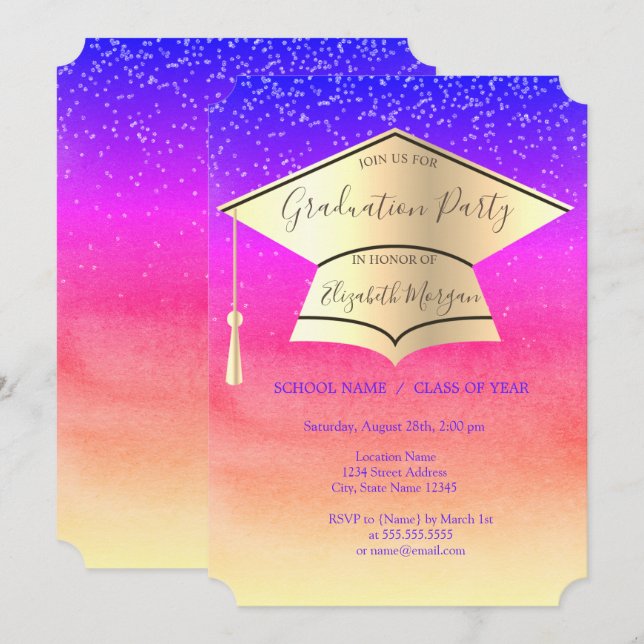 Invitación Tapón de graduación de oro,Graduación de ómbre de  (Anverso / Reverso)