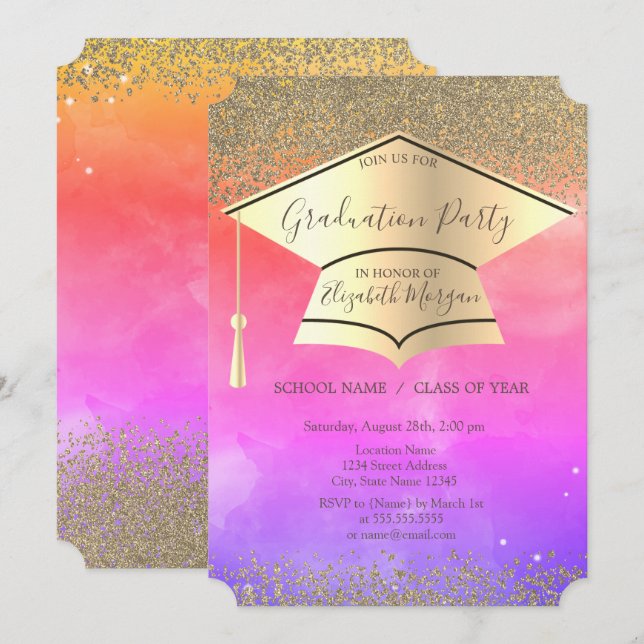 Invitación Tapón de graduación de oro,Graduación de ómbre de  (Anverso / Reverso)