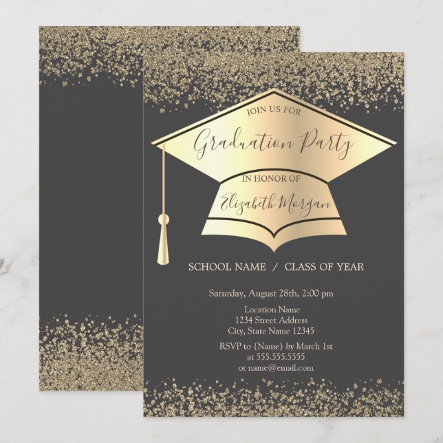 Invitación Tapón de graduación de oro,Graduación gris de diam (Anverso / Reverso)