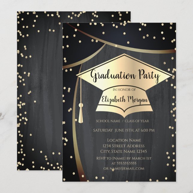 Invitación Tapón de graduación de oro,Graduación negra de dia (Anverso / Reverso)
