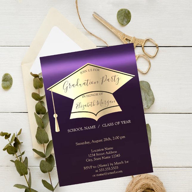 Invitación Tapón de graduación de oro,Graduación púrpura (Subido por el creador)