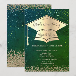 Invitación Tapón de graduación de oro,Graduación verde de dia