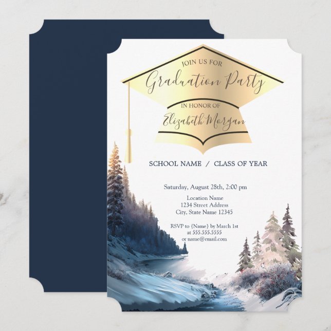 Invitación Tapón de graduación de oro, paisaje, graduación na (Anverso / Reverso)