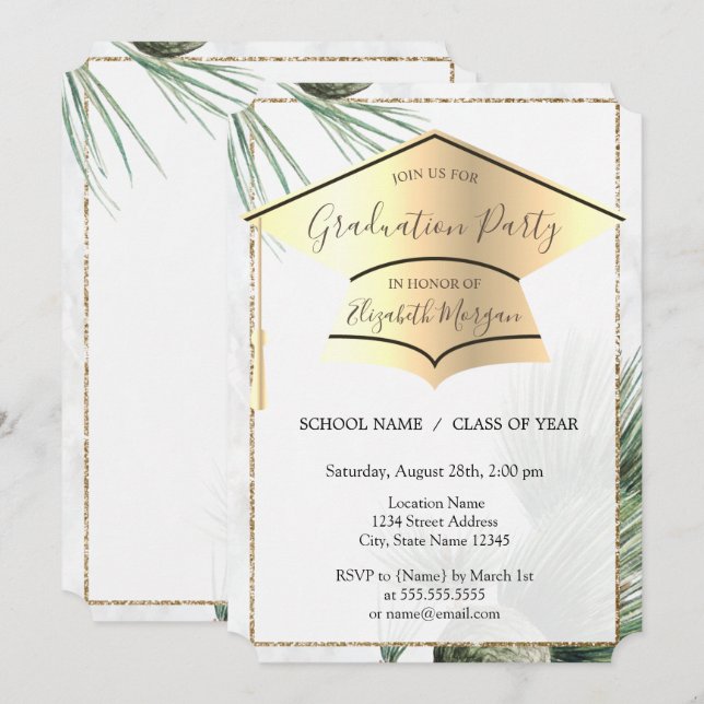 Invitación Tapón de graduación de oro,Palm deja graduación (Anverso / Reverso)