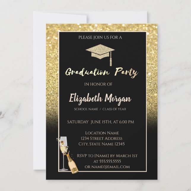 Invitación Tapón de graduación de Purpurina de oro,Confetti,V (Anverso)