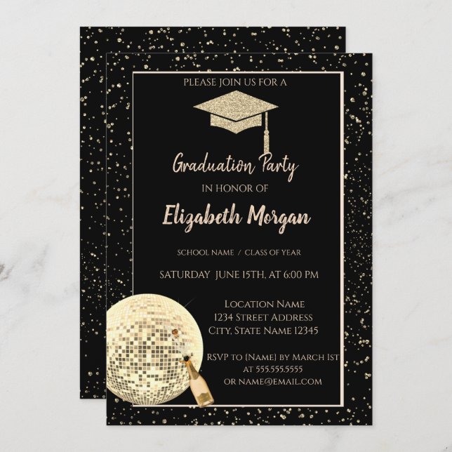 Invitación Tapón de graduación de Purpurina de oro, disco Bal (Anverso / Reverso)